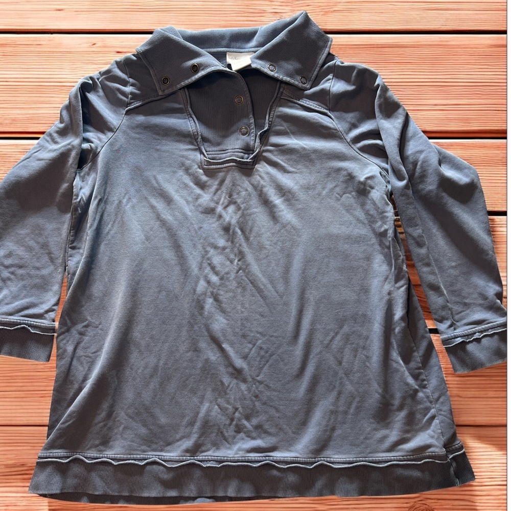 Soft Surroundings Snap‎ Neck Ribbed Tunic Dress Blue 1X Long Sleeve Cotton